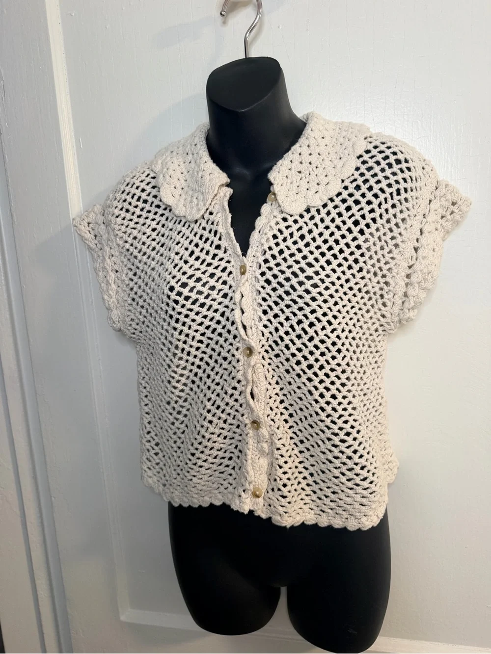 Free People Cream Crochet Button-Front Short Sleeve Top